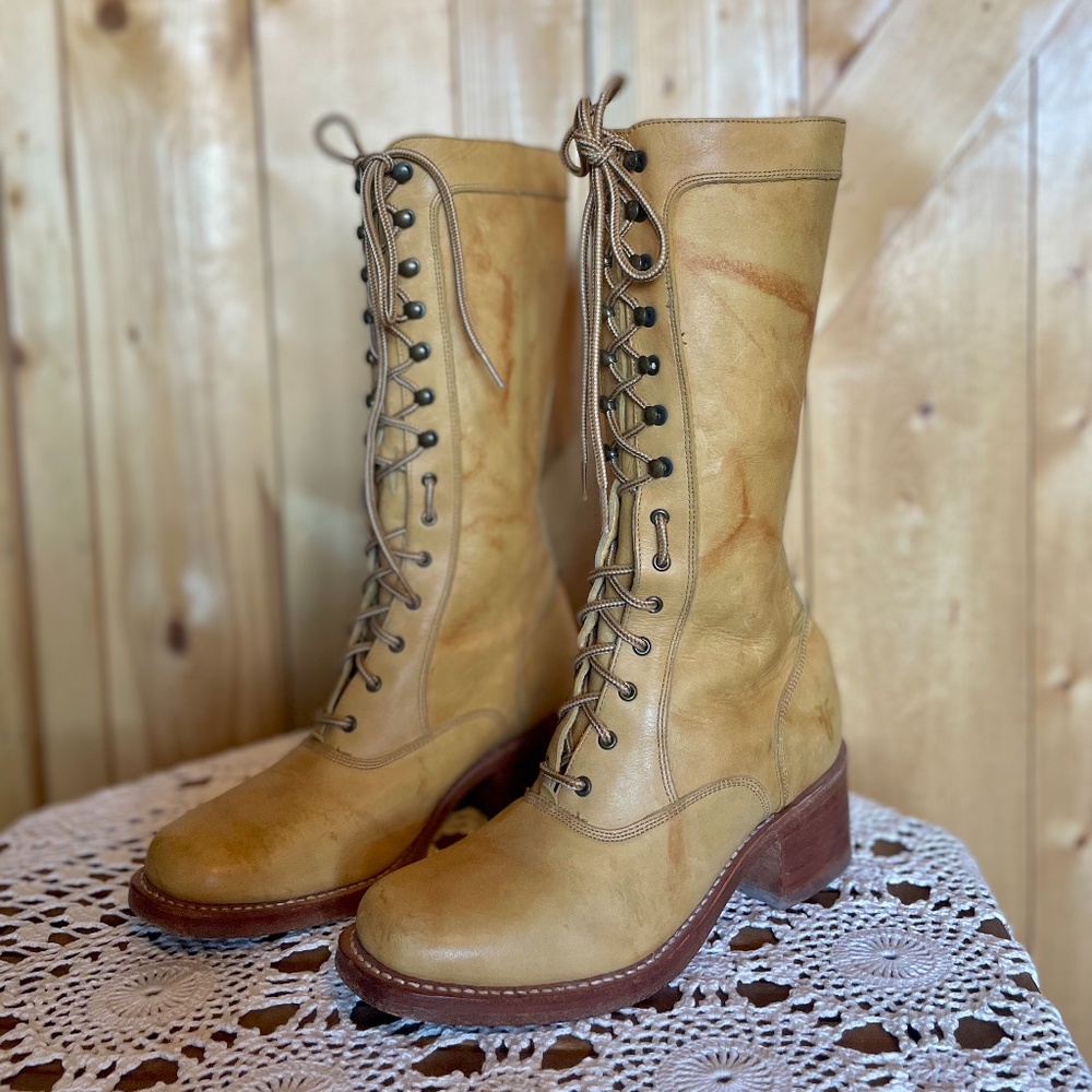 Frye campus lug lace up neutral tan leather tall boots